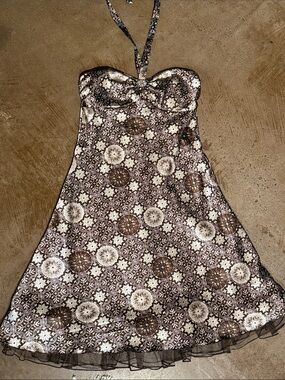 Speechless Vintage Y2K Brown/Cream Satin Medallion Halter Dress